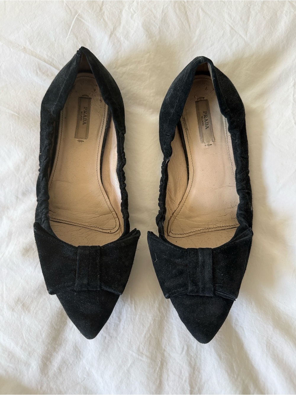 Prada Black Suede Pointed-Toe Bow Ballet Flats
